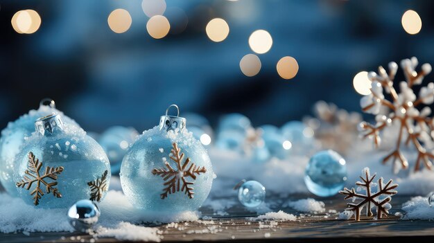 Paesaggio gelido con pupazzo di neve e bokeh di Natale