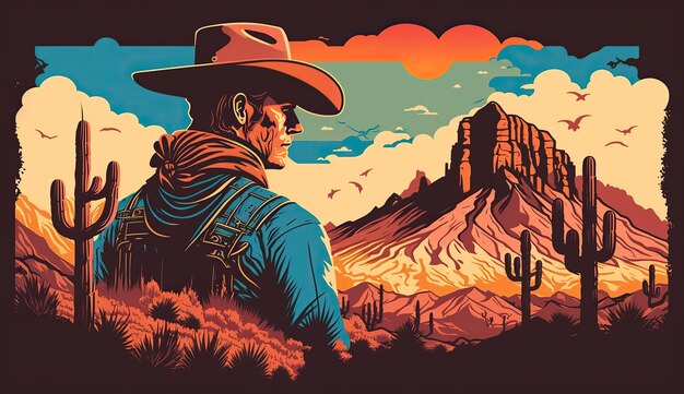 Paesaggio generativo occidentale dei nativi americani con cowboy solitario e rocce deserte Wild west Graphic Art Illustration