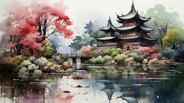 Paesaggio giapponese in acquerello con una sensazione di giardino delle fate e una palette di colori sfumata