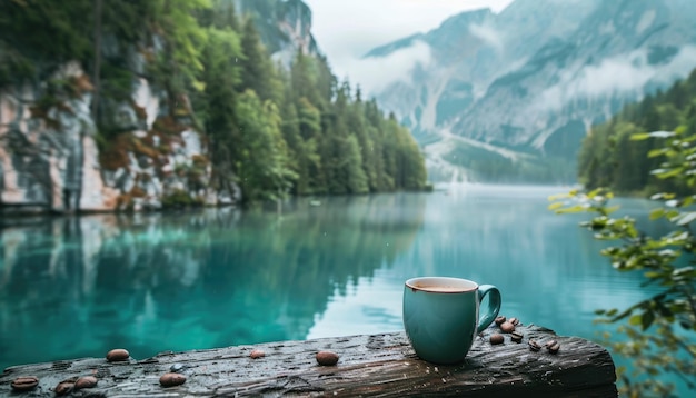 Paesaggio idilliaco di montagna con una tazza di caffè