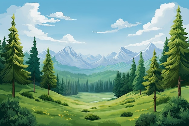 Paesaggio illustrato con montagne e foreste