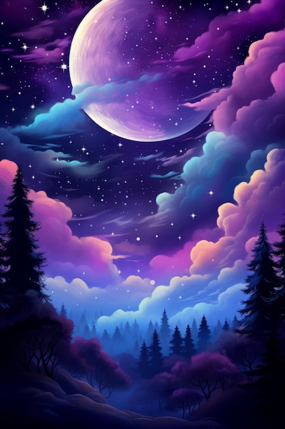 Paesaggio immaginario con luna viola e foresta