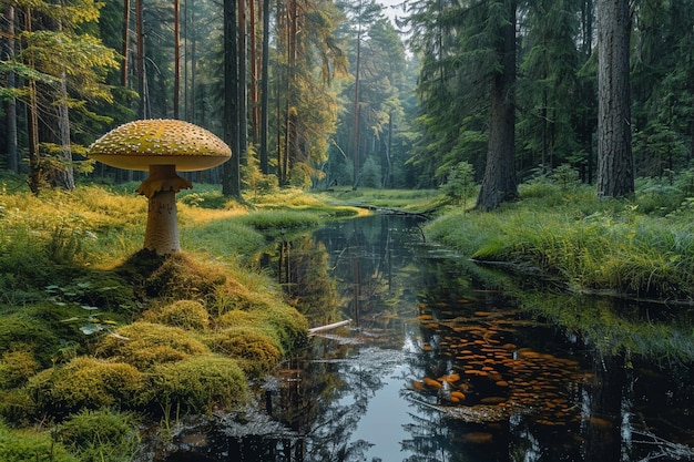 Paesaggio immaginario con un enorme fungo in uno stagno o in una palude