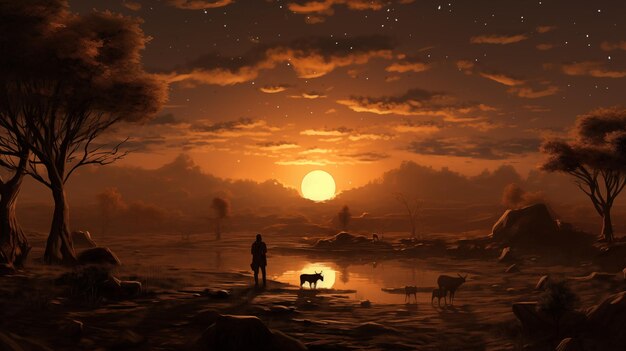 Paesaggio immaginario con una ragazza e una pecora sulla riva di un fiume al tramonto di Eid aladha