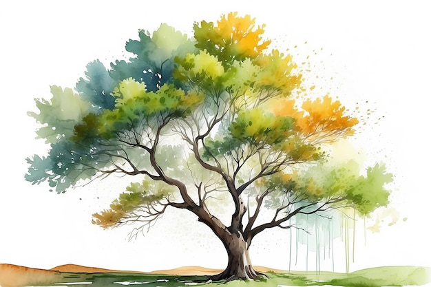 Paesaggio in acquerello a sfondo disegnato albero su terreno bianco