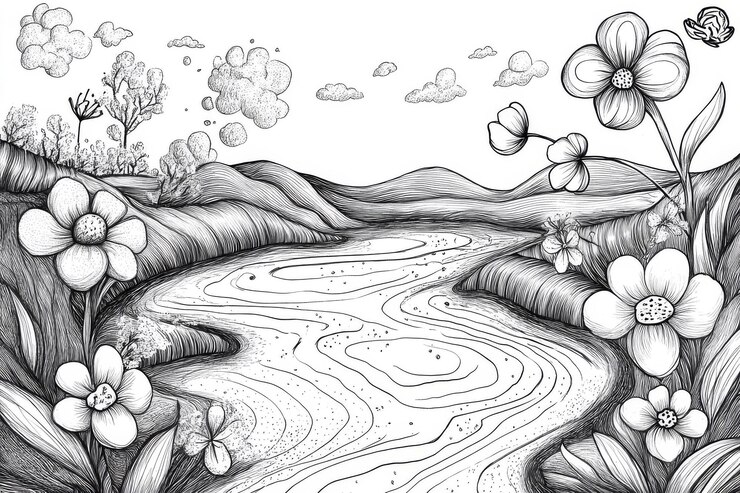 Foto paesaggio in bianco e nero disegnato a mano con fiori e fiume in un ambiente naturale sereno