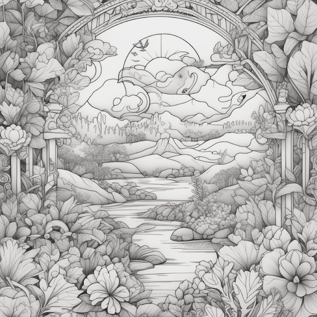 paesaggio in bianco e nero disegnato a mano con foresta, montagna, fiume, pagoda e fiori 607