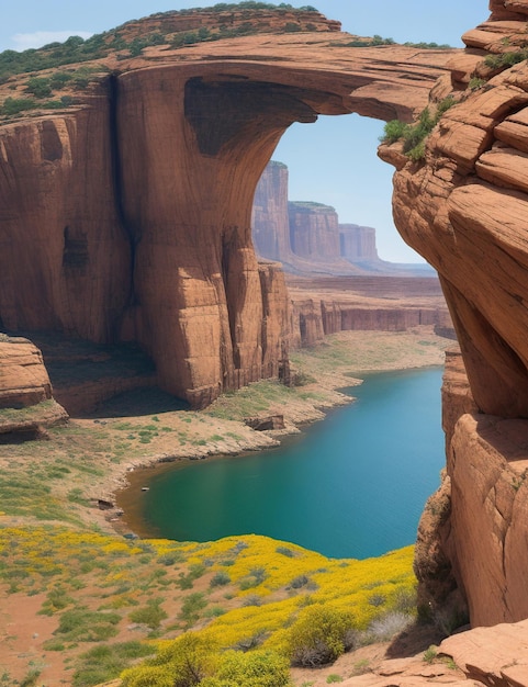 Paesaggio in stile cinematografico nel deserto con oasi e laguna