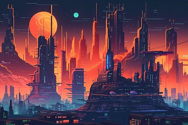 Paesaggio in stile videogioco retrò di un'illustrazione di arte digitale della città futuristica