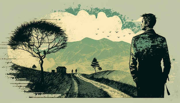 Paesaggio in stile vintage di un'illustrazione da cartolina di un uomo AI generativa