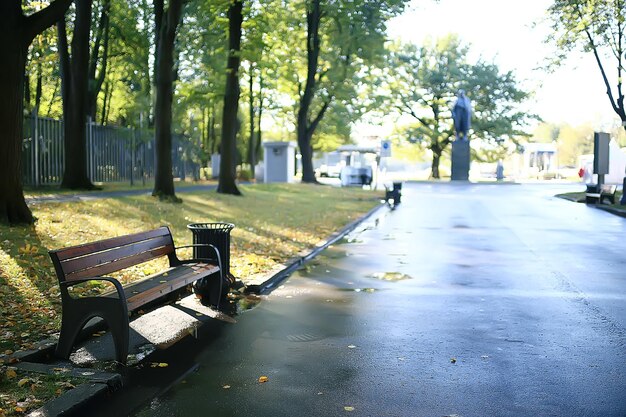 paesaggio in una panchina del parco autunnale / bellissima panchina da giardino, concetto di riposo, nessuno in un parco autunnale, sfondo del paesaggio, autunno