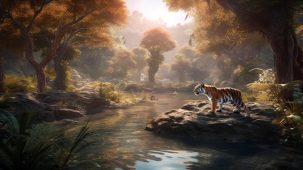 Paesaggio incantato del lago della giungla con la tigre AI Generative