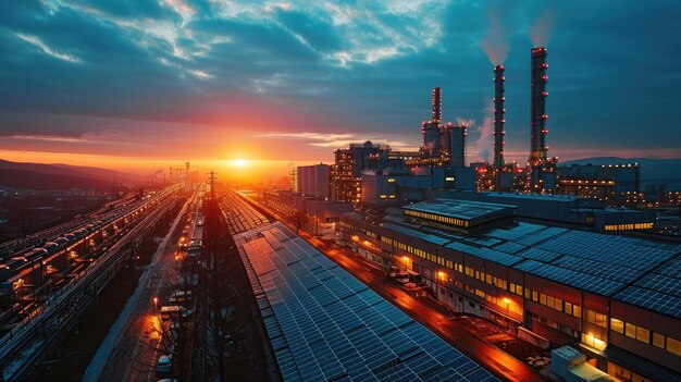 Paesaggio industriale con centrale elettrica e grattacieli al tramonto