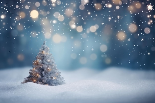 Paesaggio innevato astratto con luci sfocate dell'albero di Natale e spazi pubblicitari