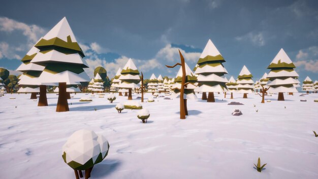 Paesaggio innevato con abeti Nessun uomo e animale low poly design paesaggio virtuale 3d rendering