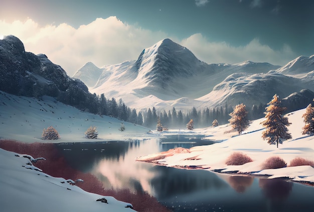 Paesaggio innevato con lago e pino sullo sfondo della scena di montagna Natura e concetto di scena rurale Illustrazione di arte digitale IA generativa