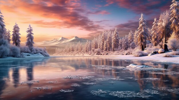 Paesaggio innevato con un lago ghiacciato e alberi in primo piano