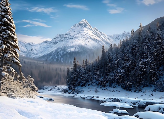 Paesaggio innevato con una maestosa montagna sullo sfondo Pini carichi di neve