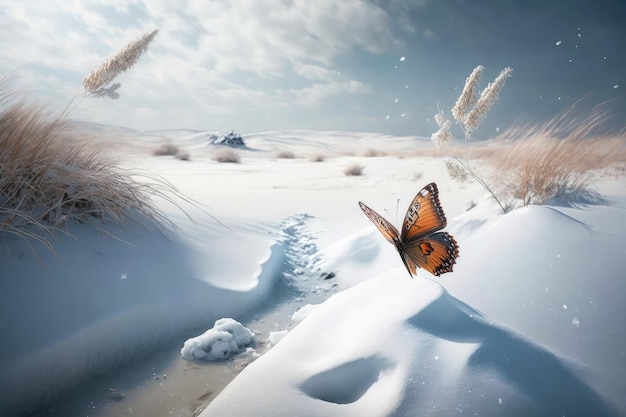 Paesaggio innevato incontaminato con farfalla in volo sullo sfondo