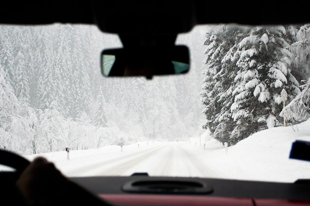 Paesaggio innevato invernale all'interno dell'auto. Alberi di abete rosso dopo la nevicata. Fuga invernale, concetto di turismo locale
