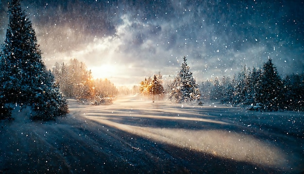 Paesaggio invernale Alberi di Natale nella neve Nevicate in natura inverno natura inverno foresta illustrazione 3D