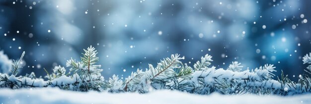 paesaggio invernale alberi di pino con neve e foresta sullo sfondo fiocchi di neve astratti sfocati