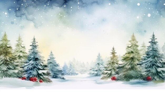 Paesaggio invernale con abeti e regali Illustrazione ad acquerello sullo sfondo natalizio