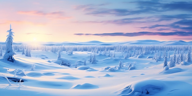 Paesaggio invernale con abeti innevati e cielo blu al tramonto rendering 3d