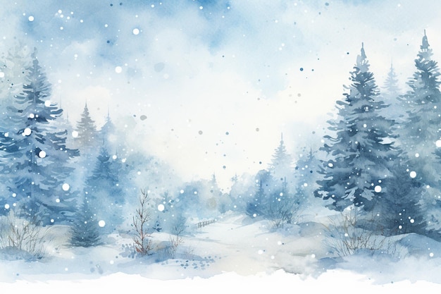 Paesaggio invernale con abeti nella montagna innevata in stile acquerello Illustrazione digitale ad acquerello per la progettazione di poster o banner di Natale e Capodanno AI generativa