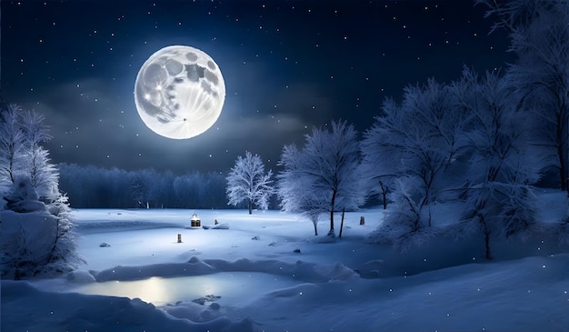 Paesaggio invernale con alberi coperti di neve e luna piena nel cielo notturno