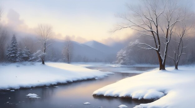 Paesaggio invernale con alberi innevati lungo il fiume sullo sfondo delle montagne durante il tramonto nello stile della pittura a olio