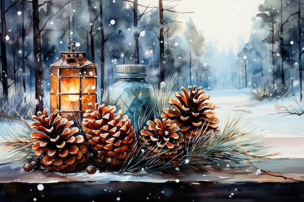 Paesaggio invernale con conie di pino e lanterna nella foresta pittura ad acquerello