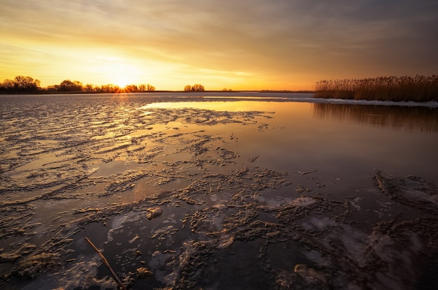 Paesaggio invernale con fiume, canne e cielo al tramonto. Composizione della natura.