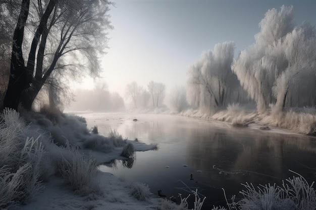 Paesaggio invernale con fiume ghiacciato e alberi coperti di neve