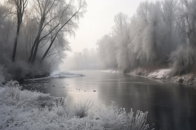 Paesaggio invernale con fiume ghiacciato e alberi coperti di neve