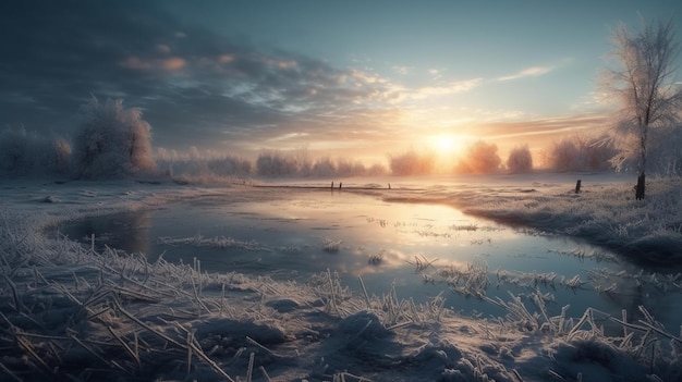 Paesaggio invernale con fiume ghiacciato e foresta all'orizzonte all'albagenerativo ai