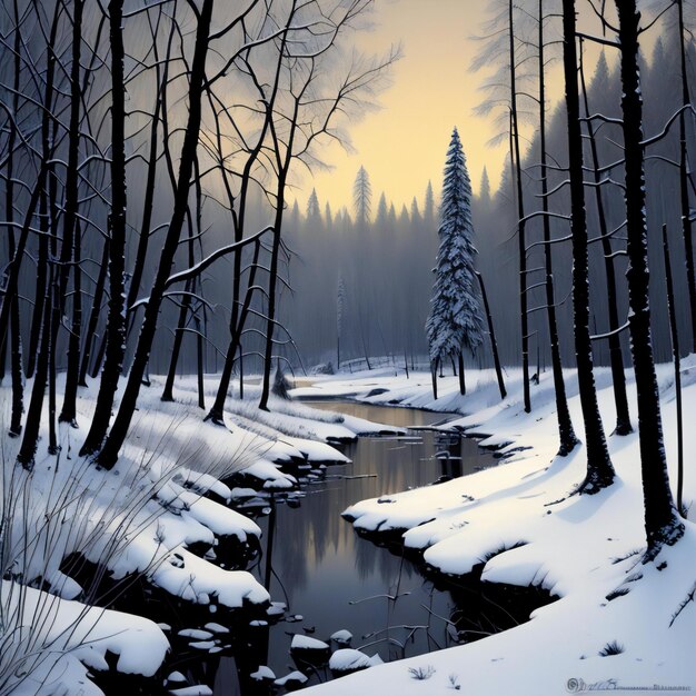 Paesaggio invernale con fiumi e pini nella foresta al tramonto generativo ai