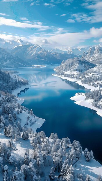 Paesaggio invernale con lago di montagna innevato e pini coperti di neve