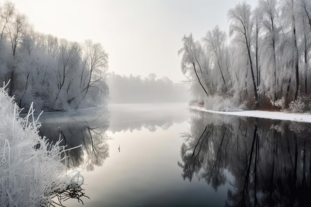 Paesaggio invernale con lago ghiacciato e alberi innevati