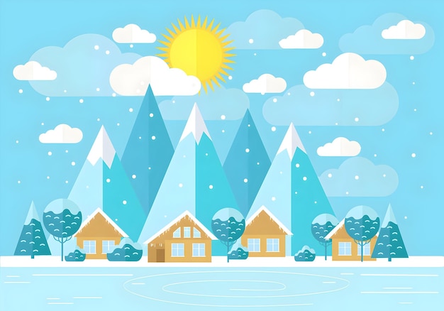 Paesaggio invernale con montagne innevate case e alberi sotto un cielo blu