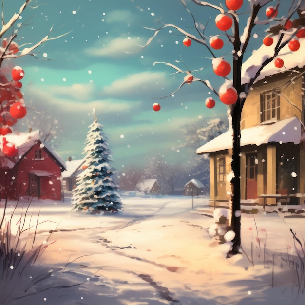 Paesaggio invernale con neve e alberi illustrazione 3D paesaggio invernali con neve ed alberi 3D