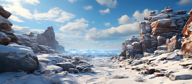 Paesaggio invernale con rocce coperte di neve e cielo blu