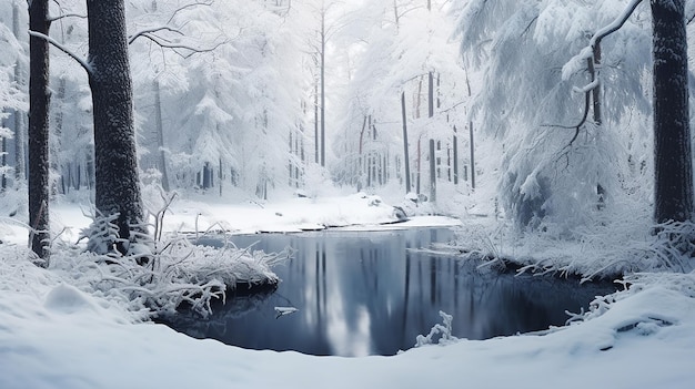 paesaggio invernale con stagno ghiacciato in una foresta innevata un piccolo stagno completato con alberi coperti di neve