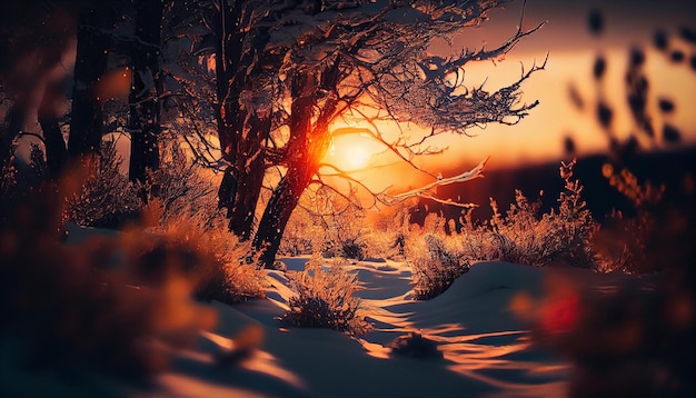 Paesaggio invernale con strada innevata e alberi al tramontogenerativo ai