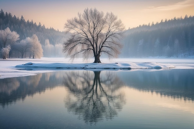 Paesaggio invernale con un albero solitario sul lago e il riflesso nell'acqua