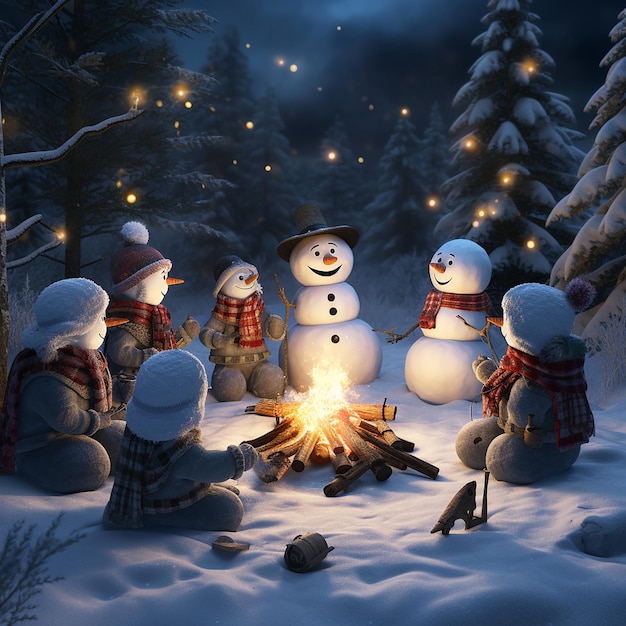 paesaggio invernale con un allegro pupazzo di neve e Frosty il pupazzo di neve che stanno insieme in mezzo a un pupazzo di neve