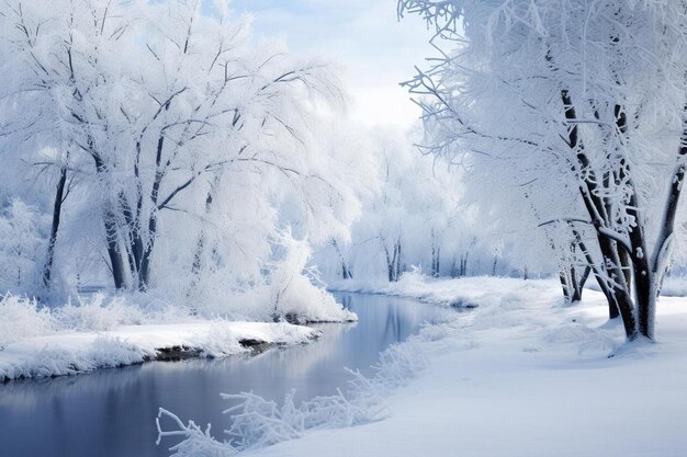 paesaggio invernale con un fiume e alberi coperti di neve.