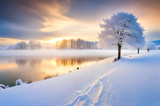 paesaggio invernale con un lago e alberi