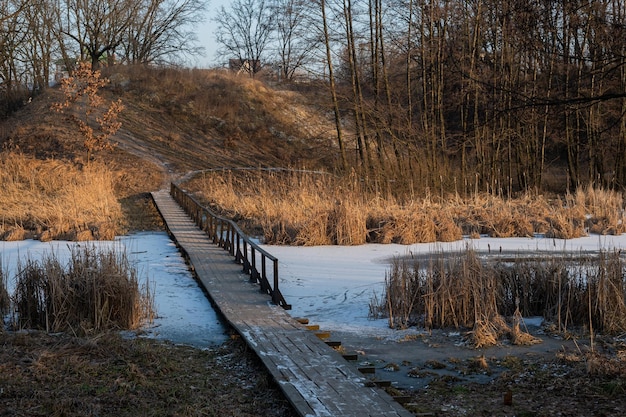 Paesaggio invernale con un ponte di legno che attraversa un lago circondato da canneti