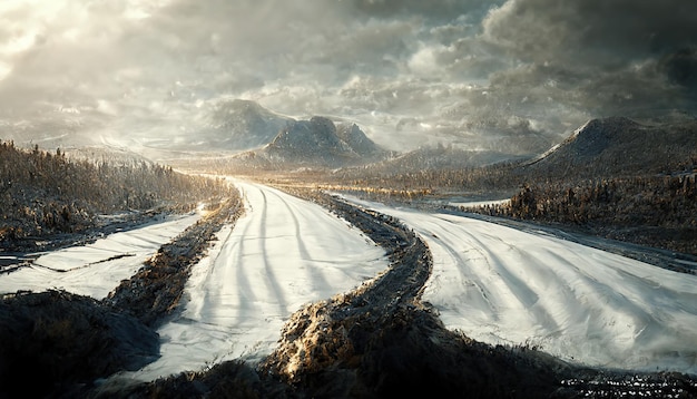 Paesaggio invernale con una strada di montagna ricoperta di neve sotto un cielo con nuvole scure